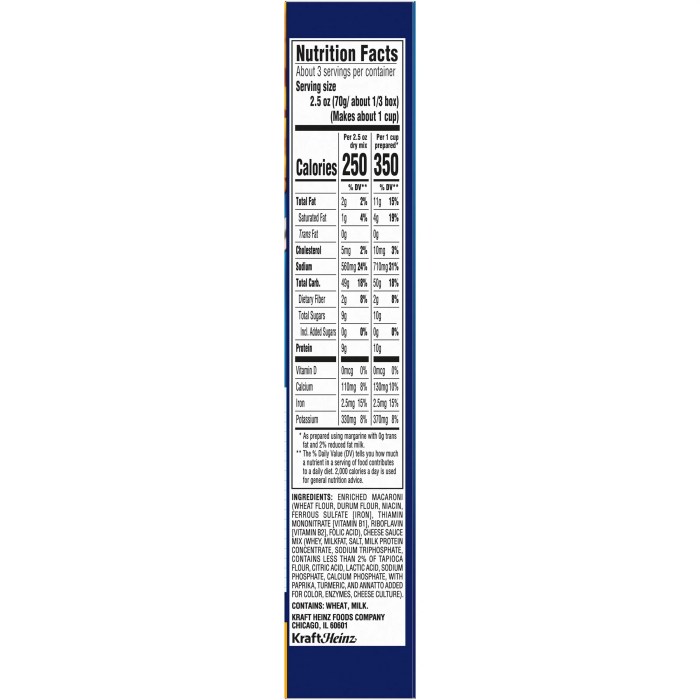 Kraft macaroni and cheese nutrition facts label